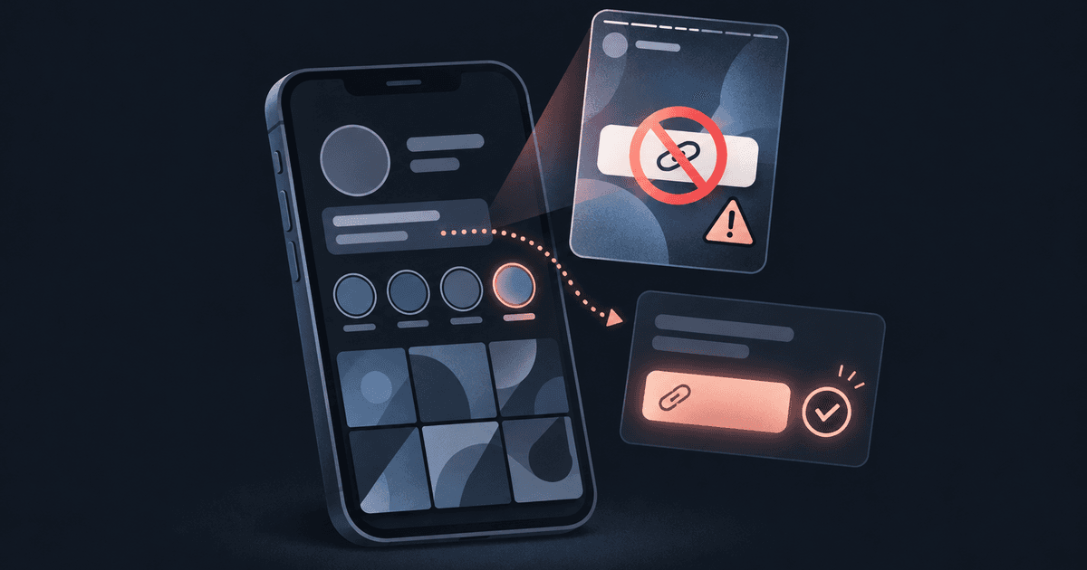 Phone profile with story highlights: one highlight's link sticker is blocked, a safe link card sits beside it