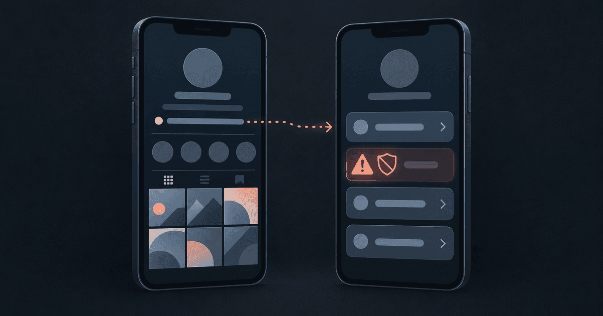 Two phones: a profile's bio link opens a link-in-bio page where one link is flagged unsafe