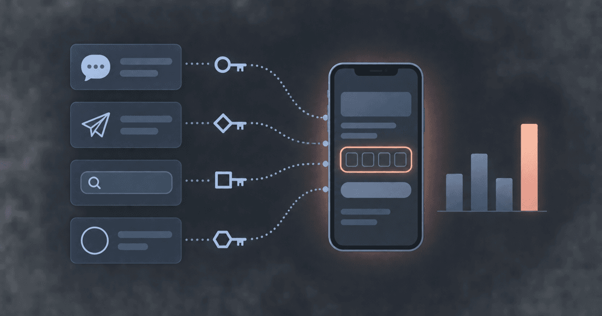 Four channels, each with its own key, lead to one page's code field, with a count per channel